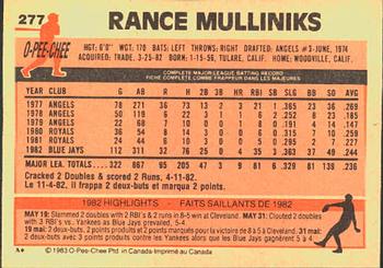 1983 O-Pee-Chee #277 Rance Mulliniks Back