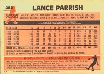 1983 O-Pee-Chee #285 Lance Parrish Back