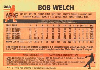 1983 O-Pee-Chee #288 Bob Welch Back