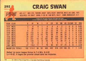 1983 O-Pee-Chee #292 Craig Swan Back