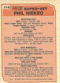 1983 O-Pee-Chee #316 Phil Niekro Back