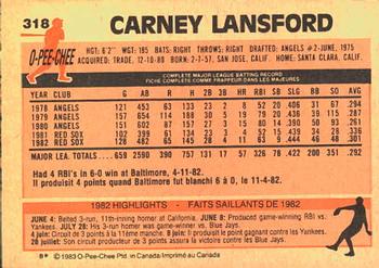 1983 O-Pee-Chee #318 Carney Lansford Back