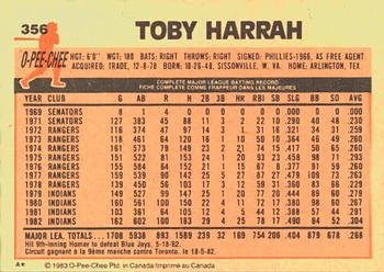 1983 O-Pee-Chee #356 Toby Harrah Back