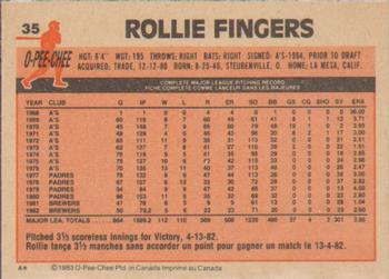 1983 O-Pee-Chee #35 Rollie Fingers Back