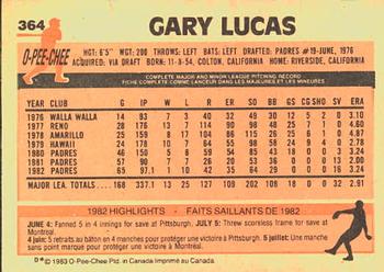 1983 O-Pee-Chee #364 Gary Lucas Back