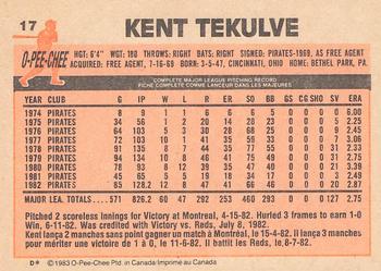 1983 O-Pee-Chee #17 Kent Tekulve Back