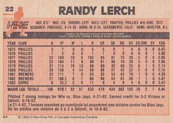 1983 O-Pee-Chee #22 Randy Lerch Back