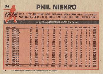 1983 O-Pee-Chee #94 Phil Niekro Back