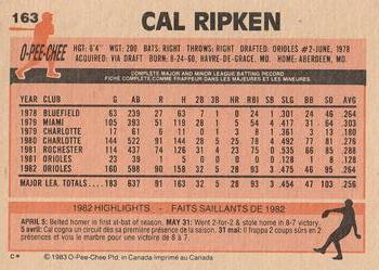 1983 O-Pee-Chee #163 Cal Ripken Back