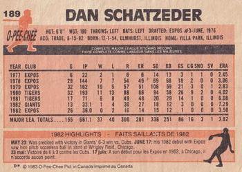 1983 O-Pee-Chee #189 Dan Schatzeder Back