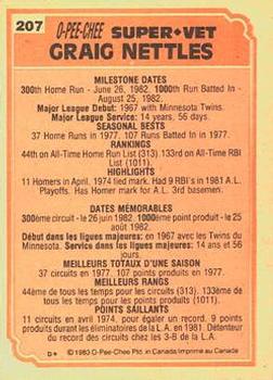 1983 O-Pee-Chee #207 Graig Nettles Back