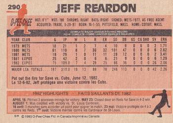 1983 O-Pee-Chee #290 Jeff Reardon Back