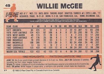 1983 O-Pee-Chee #49 Willie McGee Back