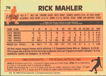 1983 O-Pee-Chee #76 Rick Mahler Back