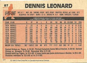 1983 O-Pee-Chee #87 Dennis Leonard Back
