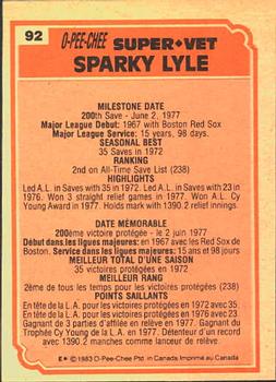 1983 O-Pee-Chee #92 Sparky Lyle Back