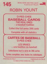 1983 O-Pee-Chee Stickers #145 Robin Yount Back