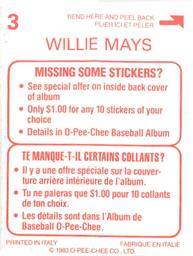 1983 O-Pee-Chee Stickers #3 Willie Mays Back