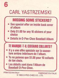 1983 O-Pee-Chee Stickers #6 Carl Yastrzemski Back
