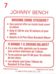 1983 O-Pee-Chee Stickers #7 Johnny Bench Back
