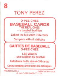 1983 O-Pee-Chee Stickers #8 Tony Perez Back