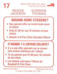 1983 O-Pee-Chee Stickers #17 Reggie Jackson / Gorman Thomas Back
