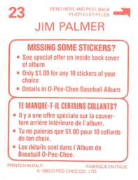 1983 O-Pee-Chee Stickers #23 Jim Palmer Back
