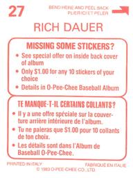 1983 O-Pee-Chee Stickers #27 Rich Dauer Back