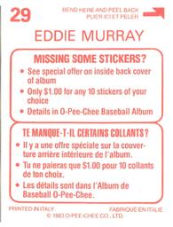 1983 O-Pee-Chee Stickers #29 Eddie Murray Back