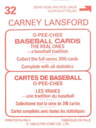 1983 O-Pee-Chee Stickers #32 Carney Lansford Back