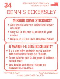 1983 O-Pee-Chee Stickers #34 Dennis Eckersley Back