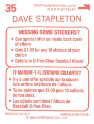 1983 O-Pee-Chee Stickers #35 Dave Stapleton Back