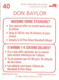 1983 O-Pee-Chee Stickers #40 Don Baylor Back
