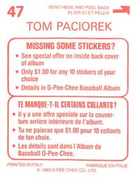 1983 O-Pee-Chee Stickers #47 Tom Paciorek Back