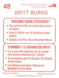 1983 O-Pee-Chee Stickers #48 Britt Burns Back