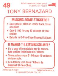 1983 O-Pee-Chee Stickers #49 Tony Bernazard Back