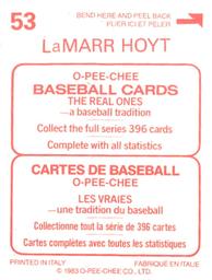 1983 O-Pee-Chee Stickers #53 LaMarr Hoyt Back