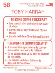 1983 O-Pee-Chee Stickers #58 Toby Harrah Back