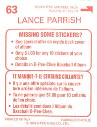1983 O-Pee-Chee Stickers #63 Lance Parrish Back