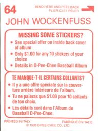 1983 O-Pee-Chee Stickers #64 John Wockenfuss Back