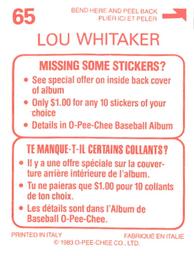 1983 O-Pee-Chee Stickers #65 Lou Whitaker Back