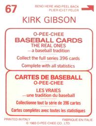 1983 O-Pee-Chee Stickers #67 Kirk Gibson Back
