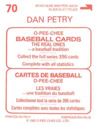 1983 O-Pee-Chee Stickers #70 Dan Petry Back