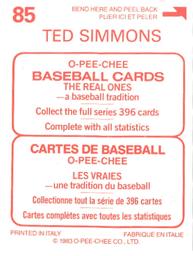 1983 O-Pee-Chee Stickers #85 Ted Simmons Back