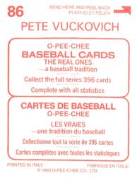 1983 O-Pee-Chee Stickers #86 Pete Vuckovich Back