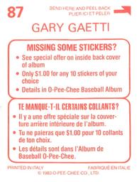 1983 O-Pee-Chee Stickers #87 Gary Gaetti Back