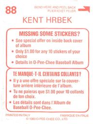 1983 O-Pee-Chee Stickers #88 Kent Hrbek Back