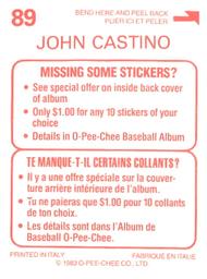 1983 O-Pee-Chee Stickers #89 John Castino Back