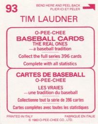 1983 O-Pee-Chee Stickers #93 Tim Laudner Back