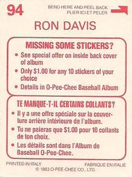 1983 O-Pee-Chee Stickers #94 Ron Davis Back